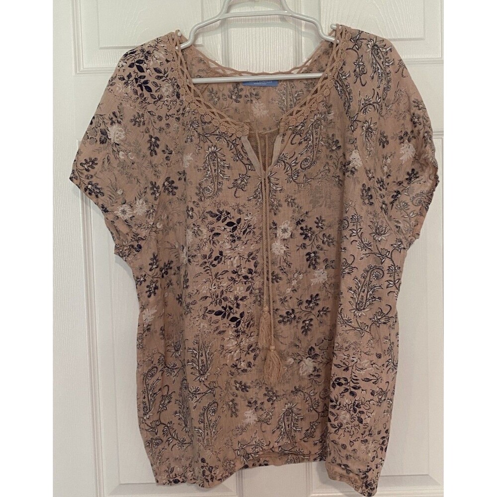 Alice Rinaldi 100% Linen Floral Boho Print Tunic Blouse Size Xl Italy